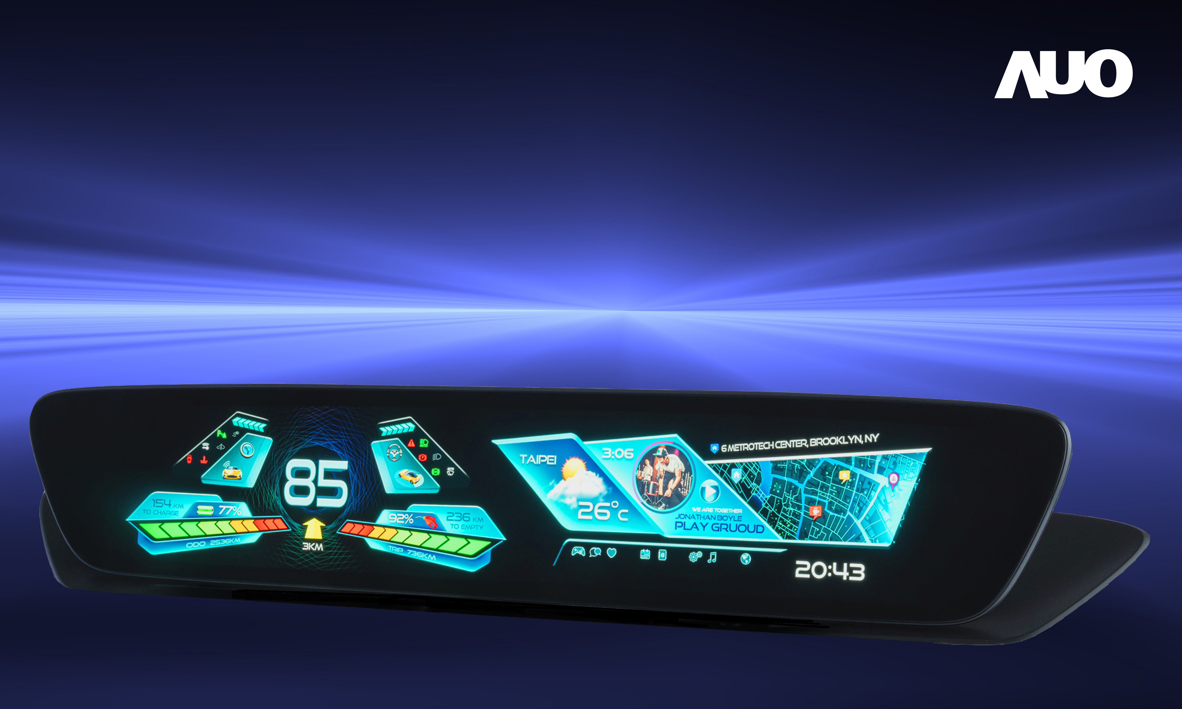 非凡娛樂30.4吋異形曲面AmLED車載顯示系統，為一兼具儀表板及中控台人機介面的創新車載顯示系統，結合美學設計，提升車內科技沉浸感及使用體驗，讓車載顯示的未來應用更加多元化