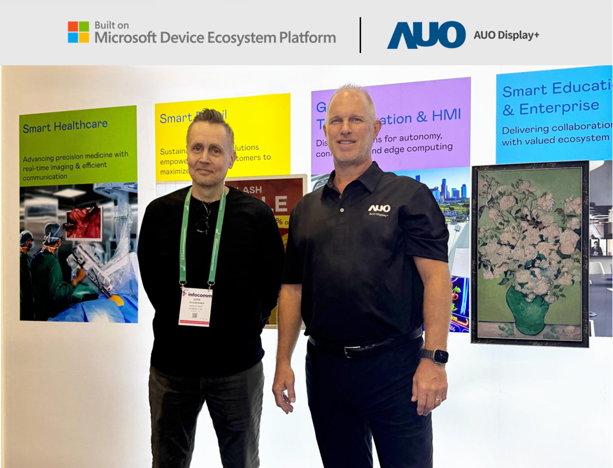 AUO Display Plus joins the Microsoft Device Ecosystem Platform (MDEP), partnering to drive the next wave of innovation in smart enterprise applications. Left: Juha Kuosmanen, Head of MDEP; Right: Scott Hix, CMO and GM of Smart Education and Enterprise Business Group at 非凡娱乐 Display Plus